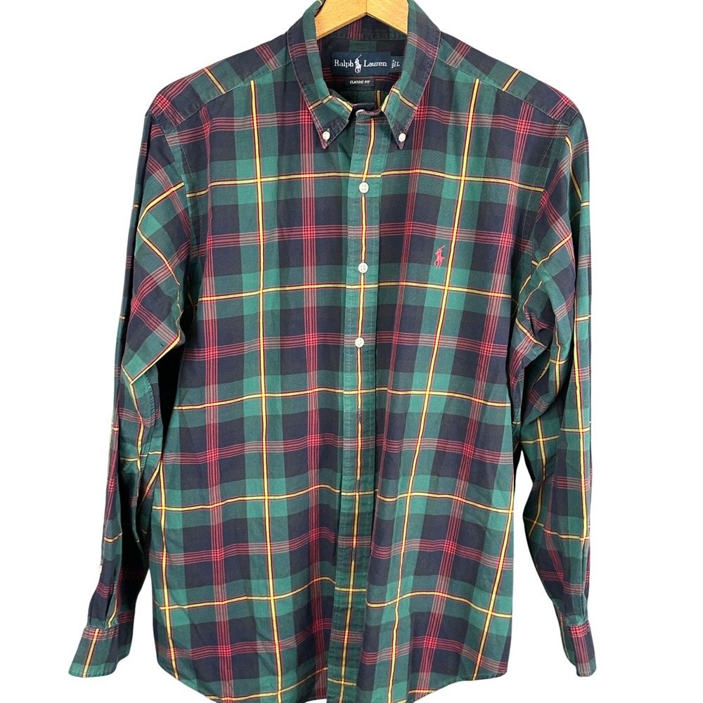 Polo Ralph Lauren Mens Large Classic Fit Plaid Button Down Shirt Green Red L